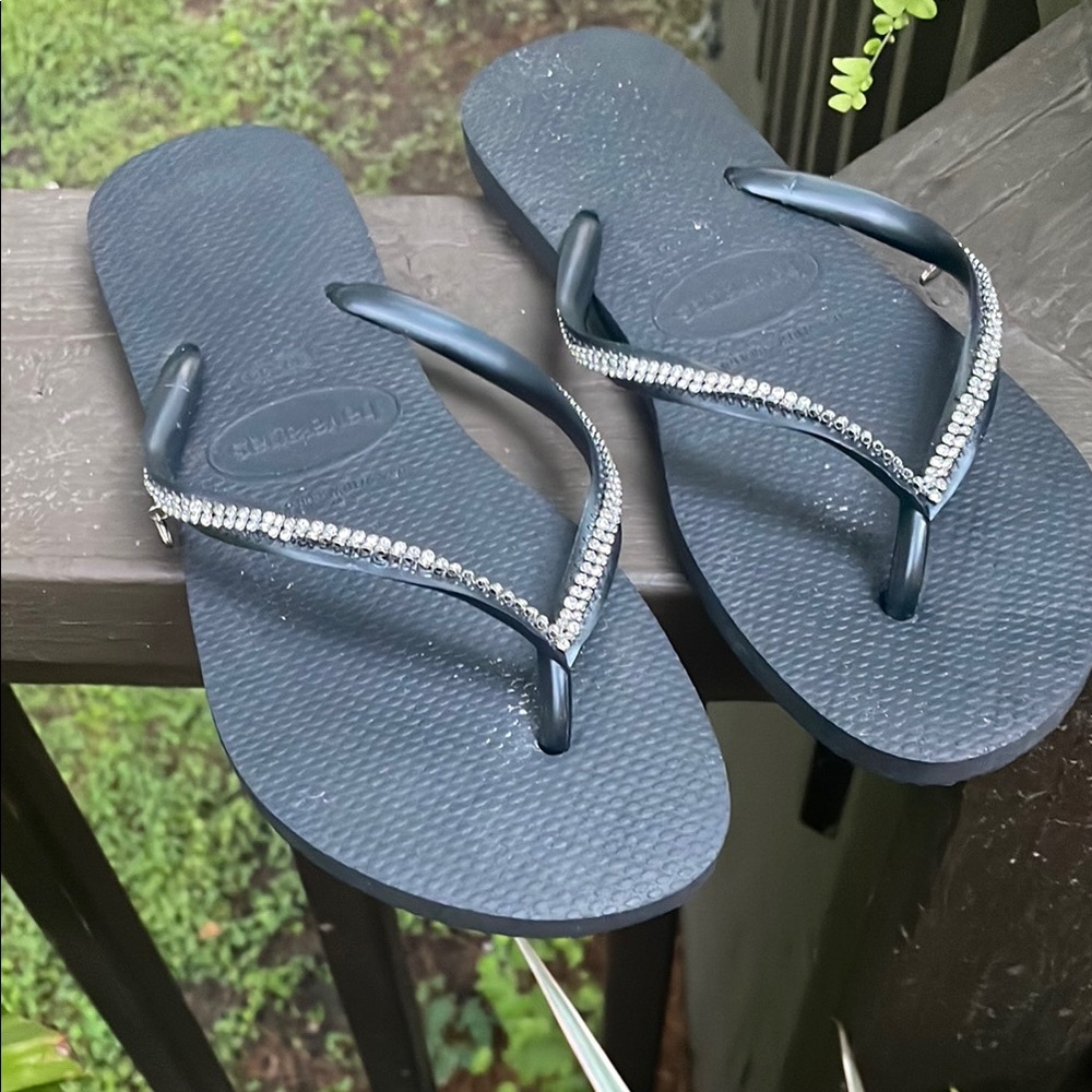 Havaianas Black Slim strap flip flops with Swarovski crystal Straps